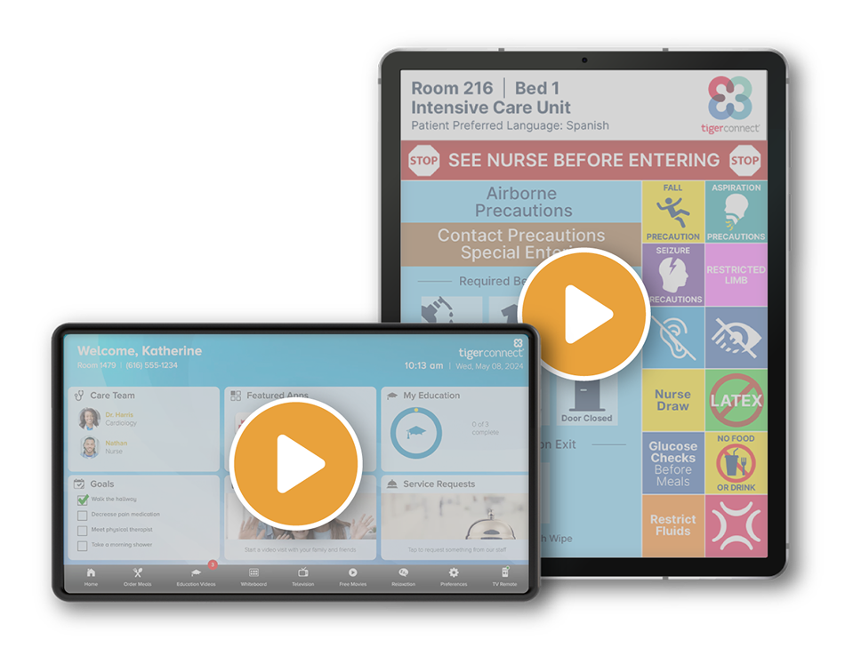 TigerConnect Smart Room product images with a play icon on the screen