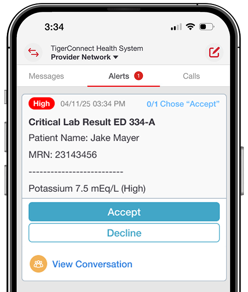 Cropped image of a critical lab result alert in TigerConnect's mobile app