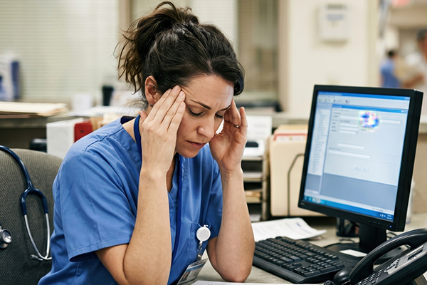 Nurse sitting in front of a computer, looking tired or burned out
